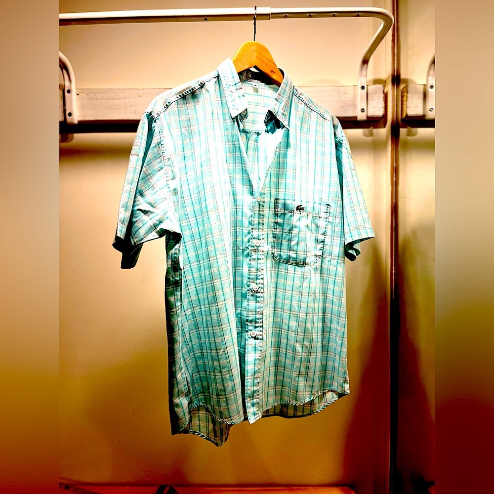 LACOSTE short sleeve blue plaid button up shirt, men’s medium 💯 cotton